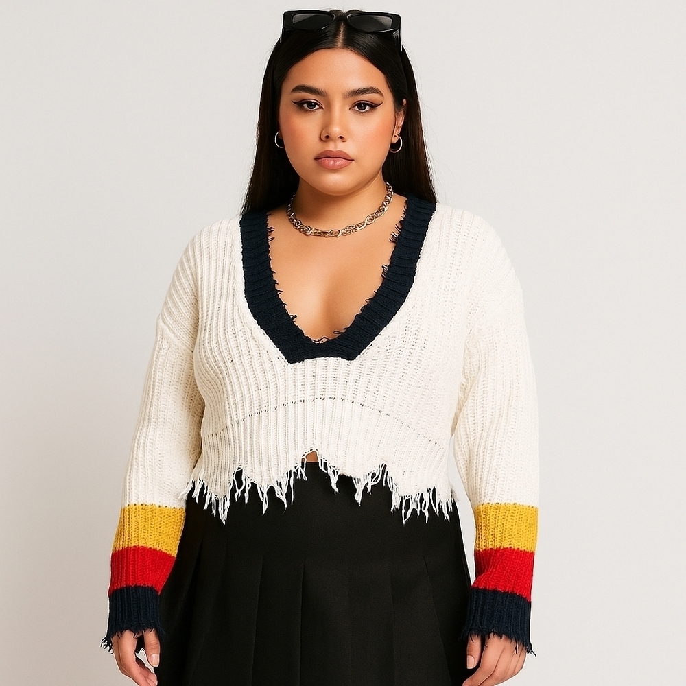 Wildfox Sweater XS White Color Block Distressed Plunge Pullover